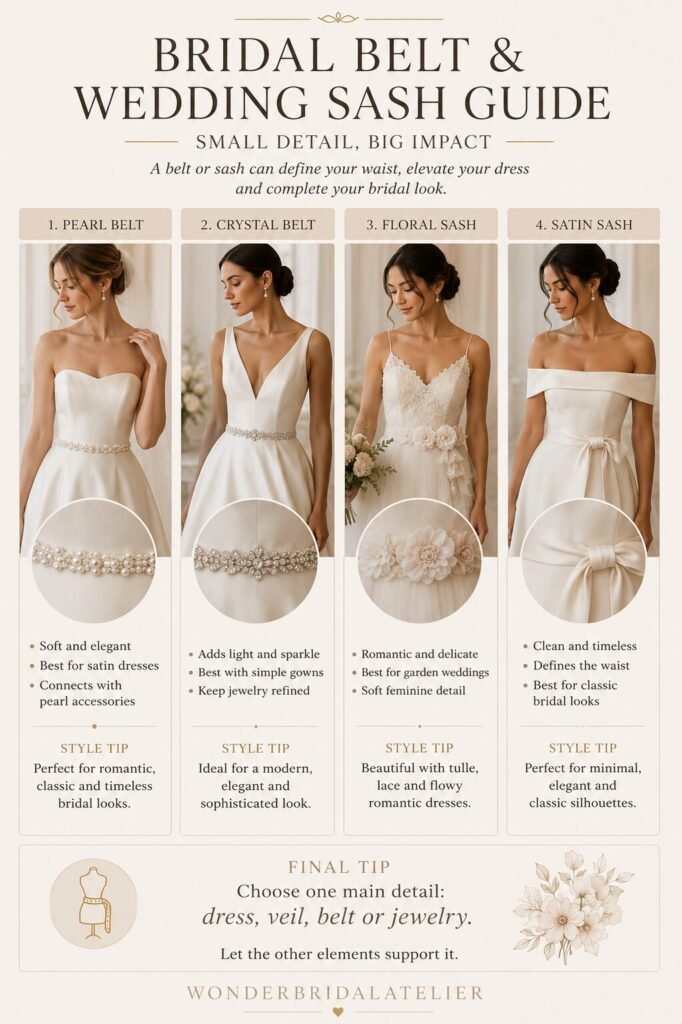 Bridal belt and wedding sash guide showing pearl crystal floral and satin waist accessories