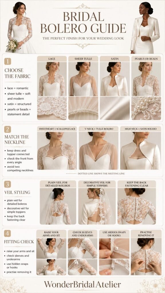 Bridal bolero guide showing fabric neckline veil styling and fitting recommendations