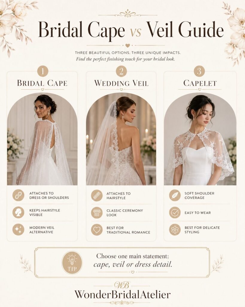 Bridal cape vs veil guide showing cape wedding veil and capelet options for brides