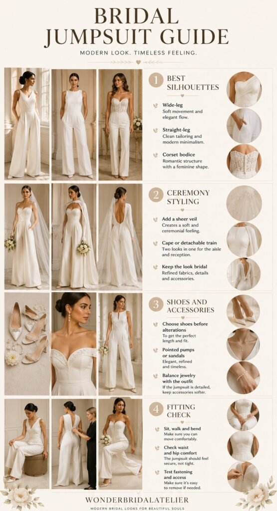 Bridal jumpsuit guide showing silhouettes veil accessories shoes and fitting checks