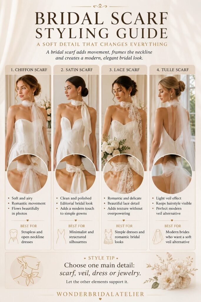 Bridal scarf styling guide showing chiffon satin lace and tulle wedding neck scarf options