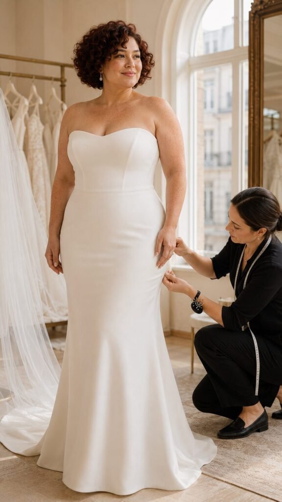 Bride having the smooth fit of her ivory wedding dress checked during a professional fitting