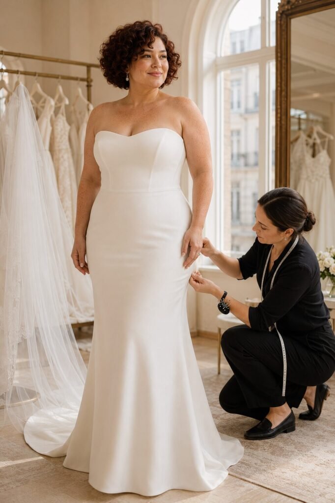 Bride having the smooth fit of her ivory wedding dress checked during a professional fitting