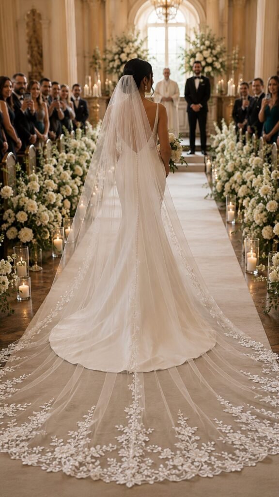 Bride walking down the wedding aisle with a long cathedral veil flowing behind her