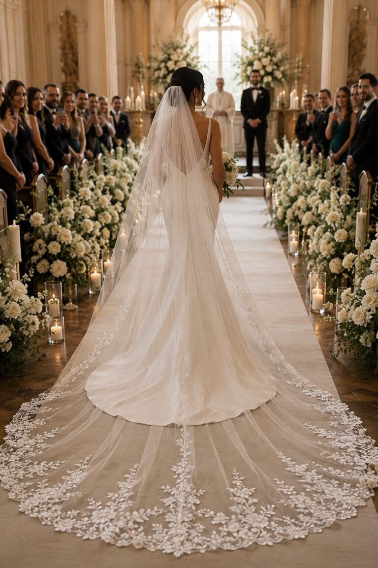 Bride walking down the wedding aisle with a long cathedral veil flowing behind her
