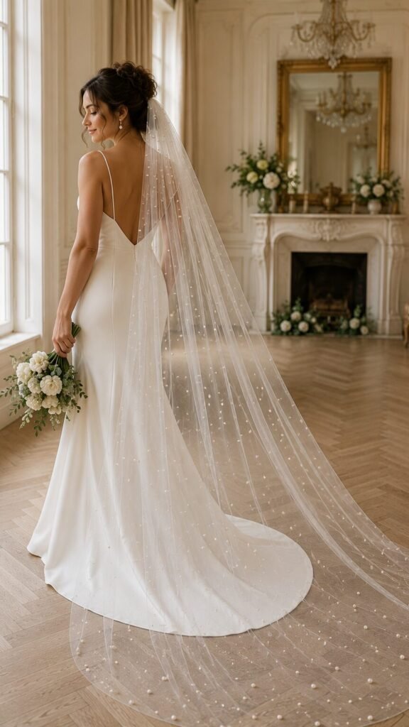 Bride wearing a long cathedral pearl wedding veil with a minimalist ivory wedding dress