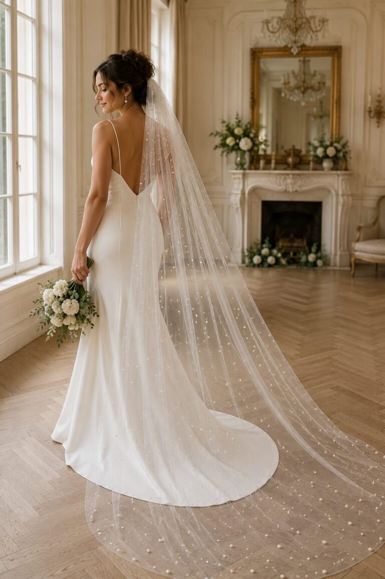 Bride wearing a long cathedral pearl wedding veil with a minimalist ivory wedding dress