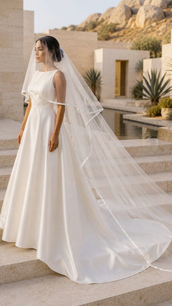 Bride wearing a two-tier cathedral wedding veil with a face-covering blusher