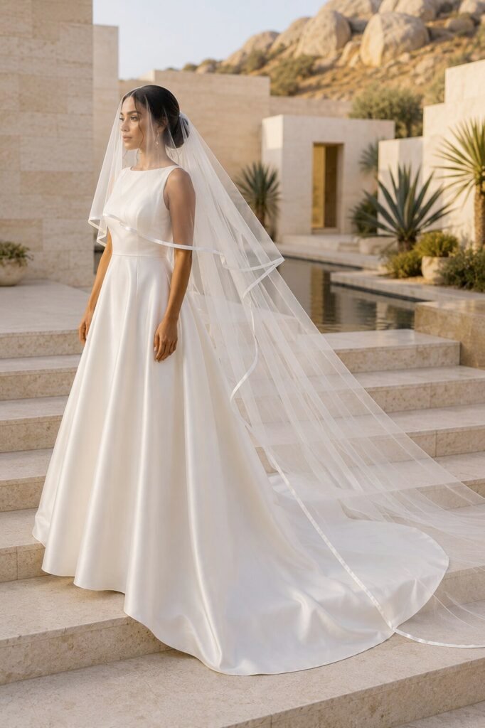 Bride wearing a two-tier cathedral wedding veil with a face-covering blusher