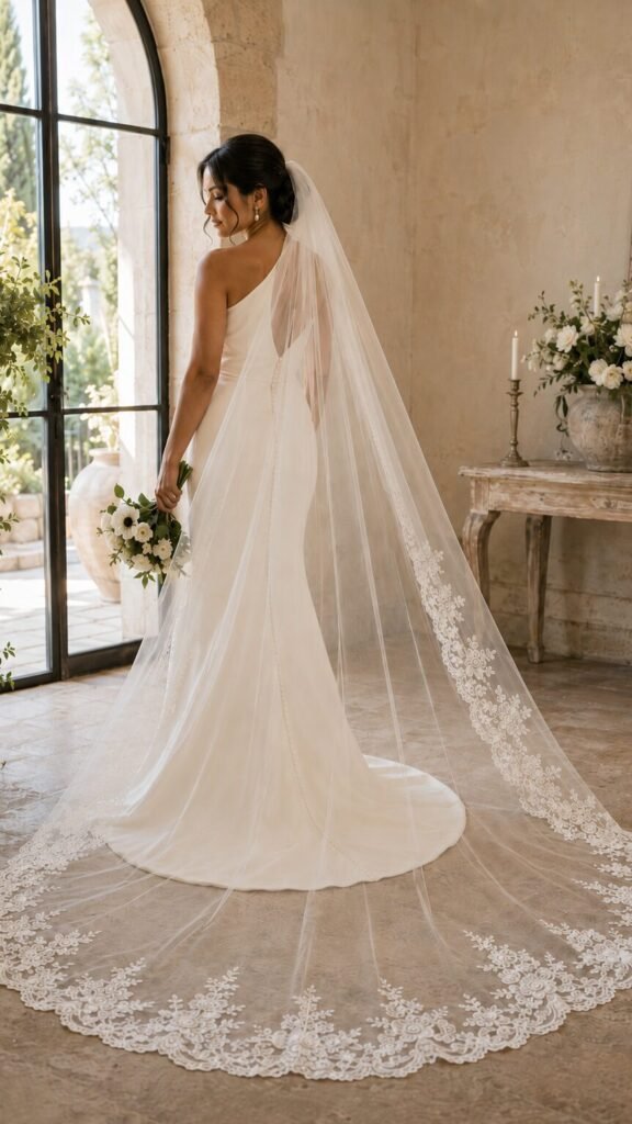 Bride wearing a long ivory lace wedding veil with a transparent center and scalloped border