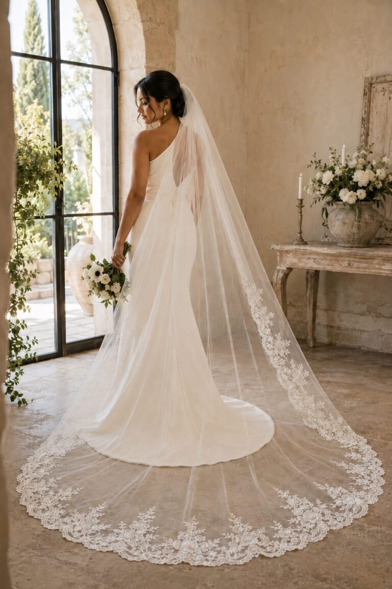 Bride wearing a long ivory lace wedding veil with a transparent center and scalloped border