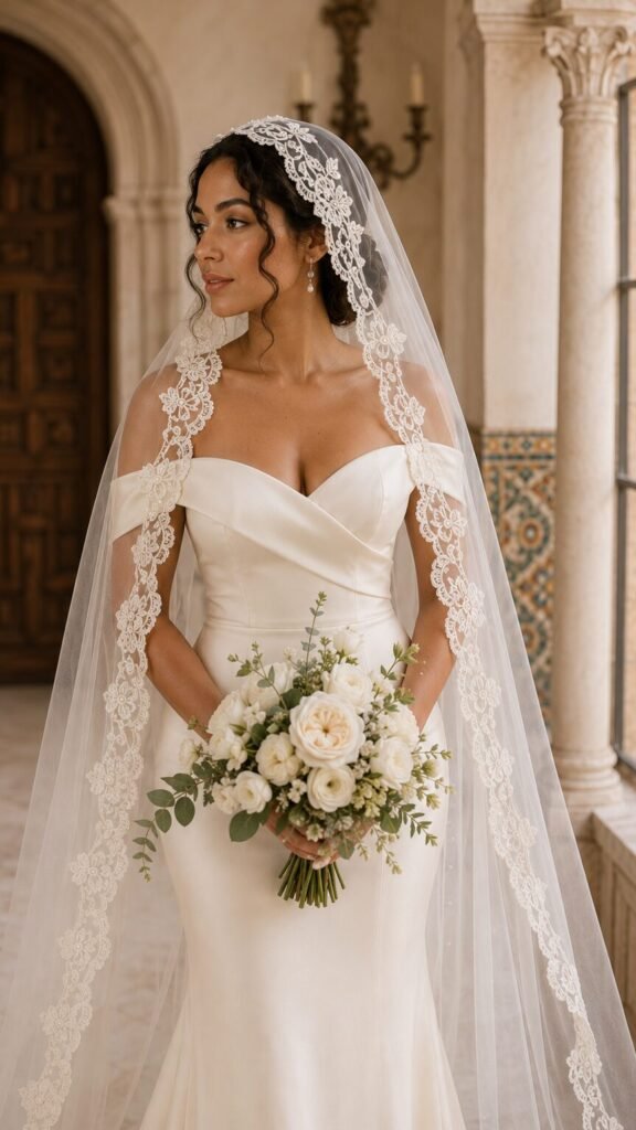 Bride wearing a lace mantilla wedding veil with an ivory off-shoulder bridal dress