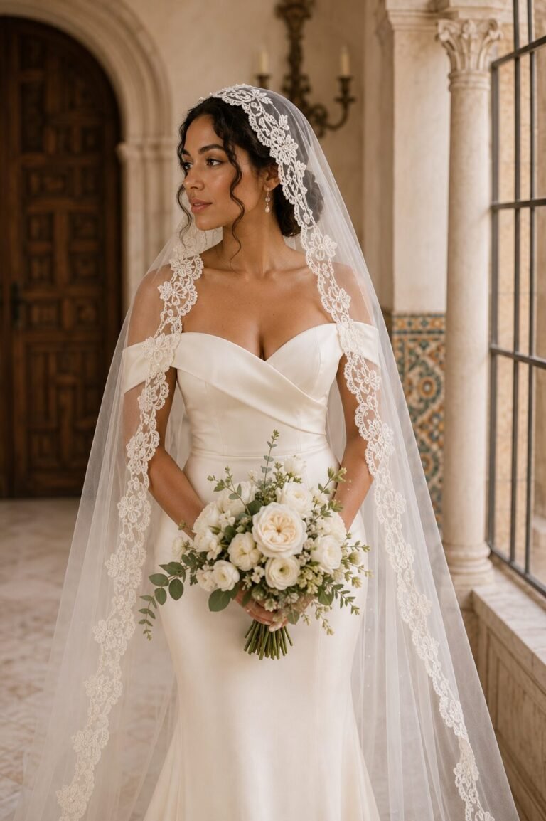 Bride wearing a lace mantilla wedding veil with an ivory off-shoulder bridal dress