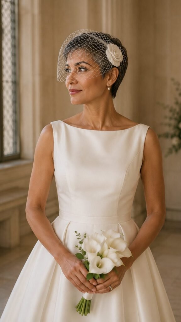 Bride wearing a modern birdcage veil with an ivory tea-length wedding dress