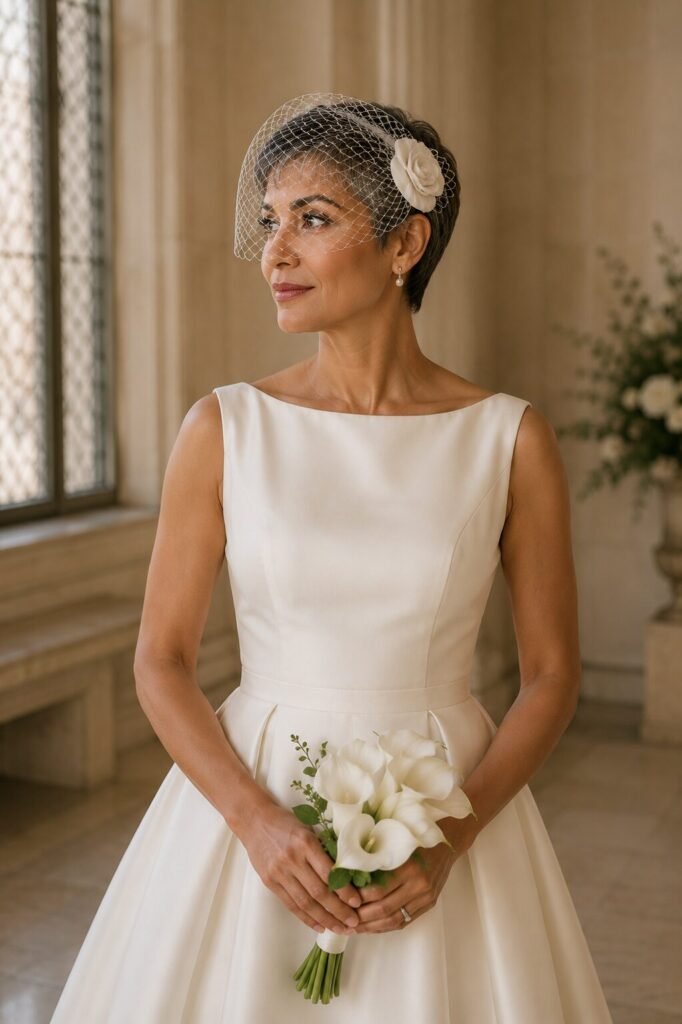 Bride wearing a modern birdcage veil with a tea-length ivory wedding dress