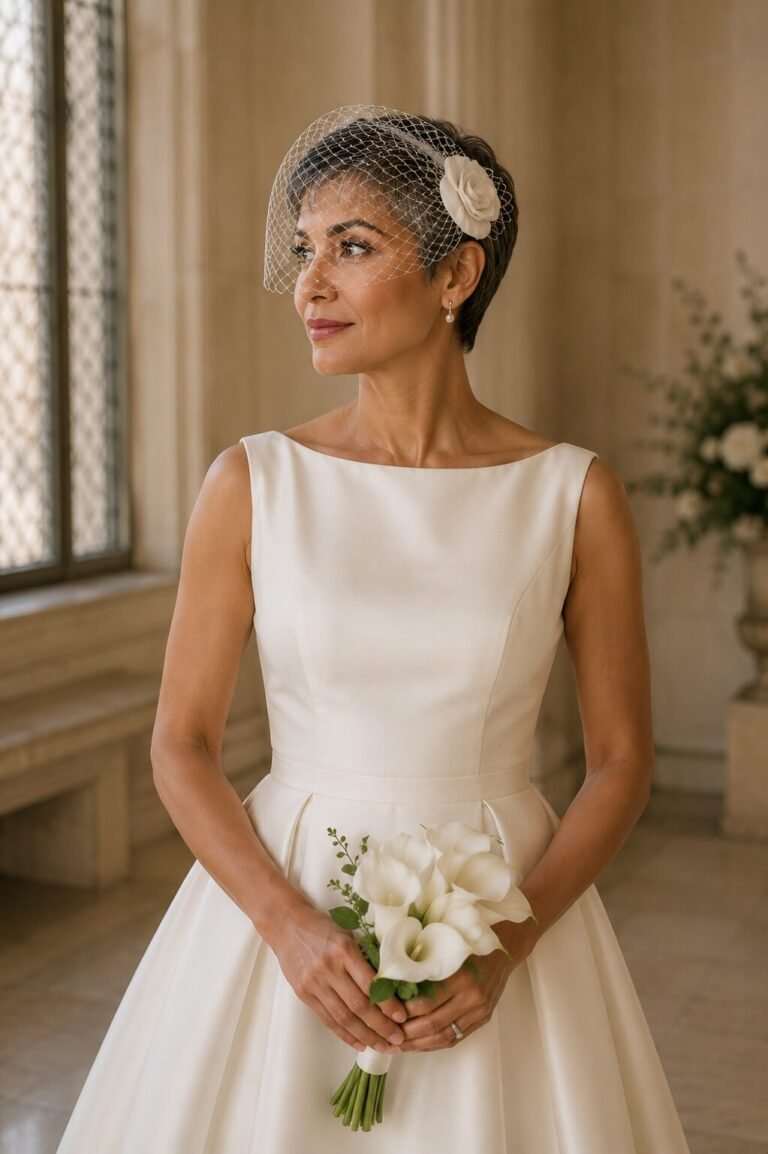 Bride wearing a modern birdcage veil with an ivory tea-length wedding dress