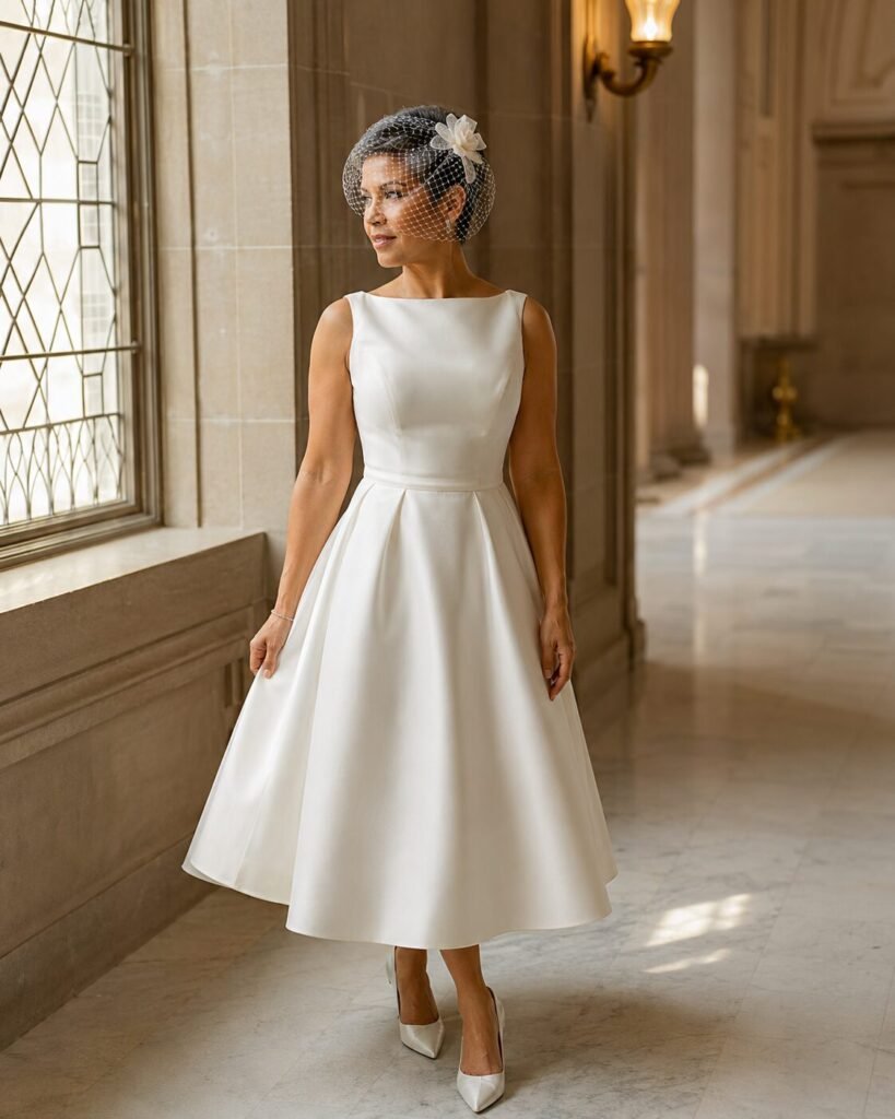 Bride wearing a modern birdcage veil with a tea-length ivory wedding dress