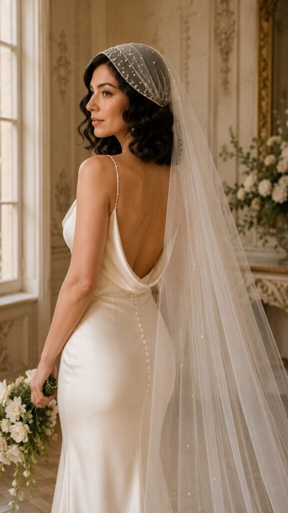 Bride wearing a pearl Juliet cap veil with an ivory silk wedding dress