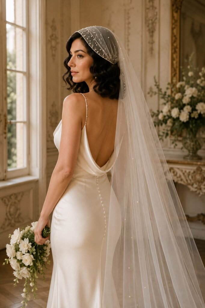 Bride wearing a pearl Juliet cap veil with an ivory silk wedding dress