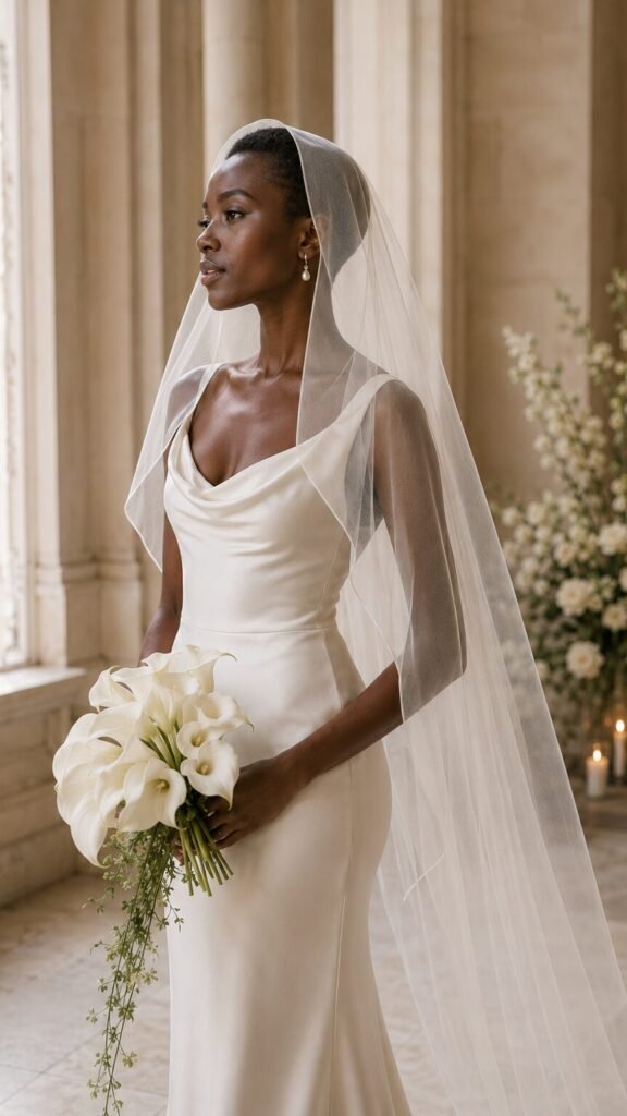 Bride wearing a sheer hooded wedding veil with an ivory silk bridal dress