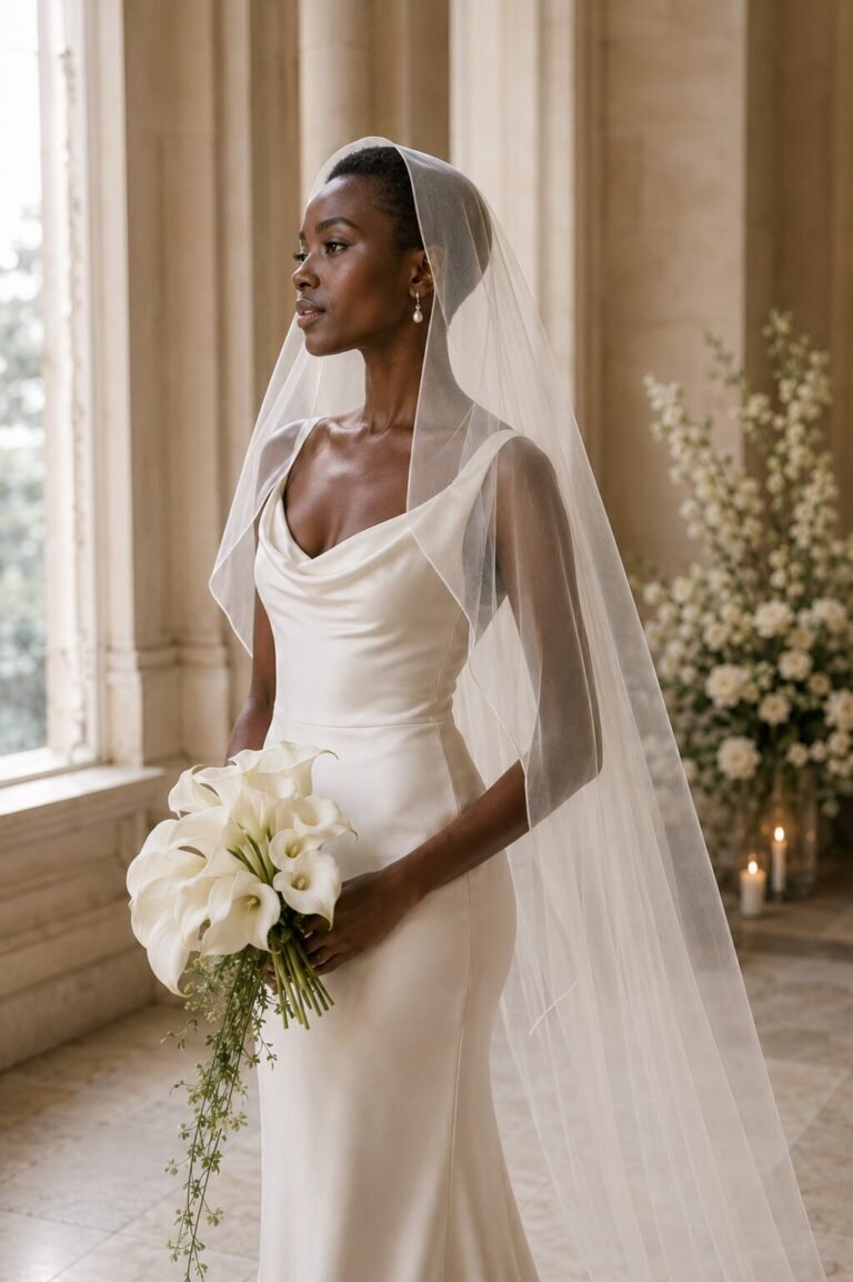 Bride wearing a sheer hooded wedding veil with an ivory silk bridal dress