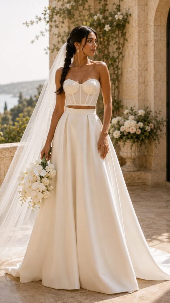 Bride wearing a two-piece wedding dress with corset top, satin skirt and sheer veil