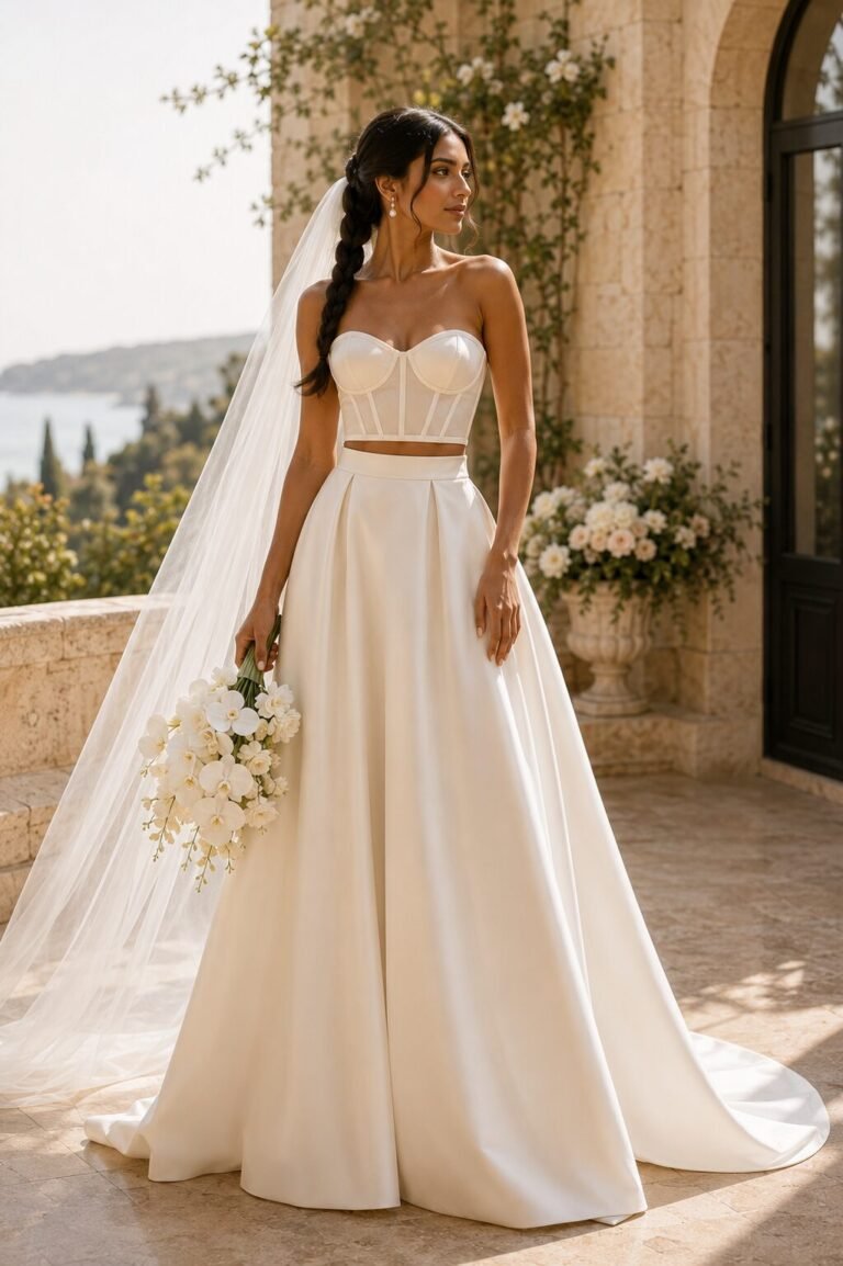 Bride wearing a two-piece wedding dress with corset top, satin skirt and sheer veil