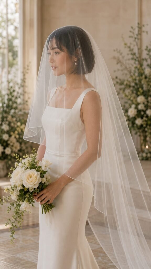Bride wearing a smooth drop veil with a transparent blusher and ivory wedding dress