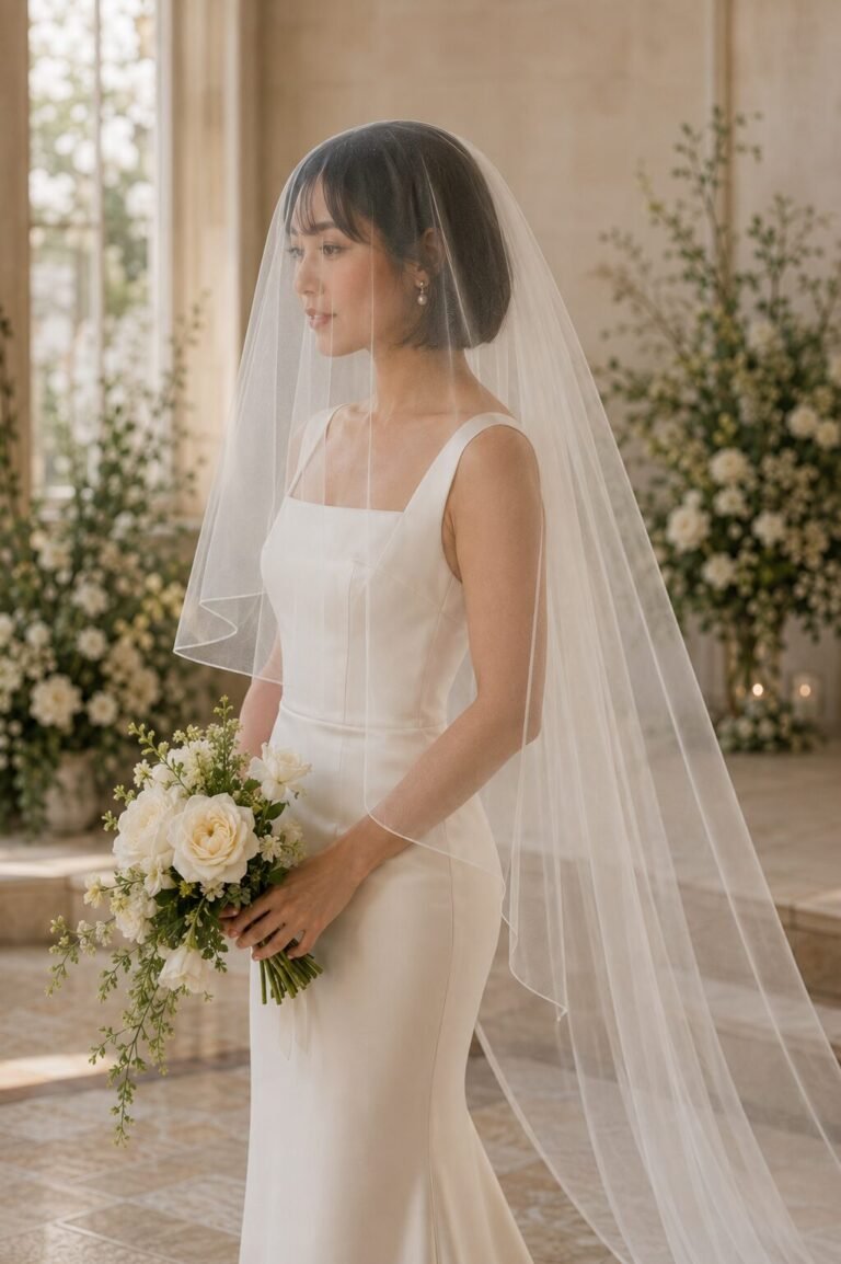 Bride wearing a smooth drop veil with a transparent blusher and ivory wedding dress