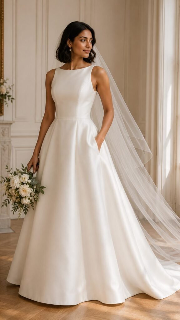 Bride wearing an ivory A-line wedding dress with hidden side pockets and a soft veil