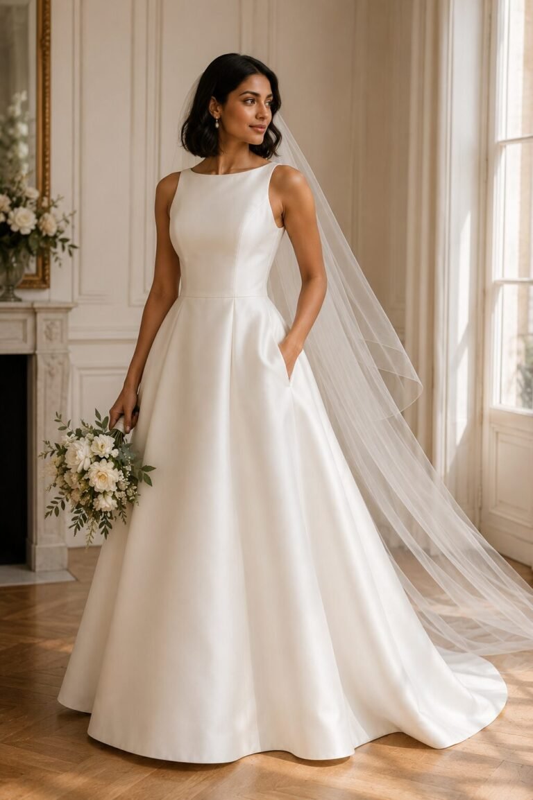 Bride wearing an ivory A-line wedding dress with hidden side pockets and a soft veil