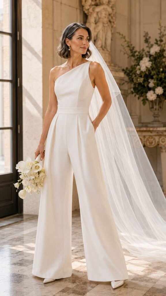 Bride wearing an ivory wide-leg bridal jumpsuit with a long sheer wedding veil
