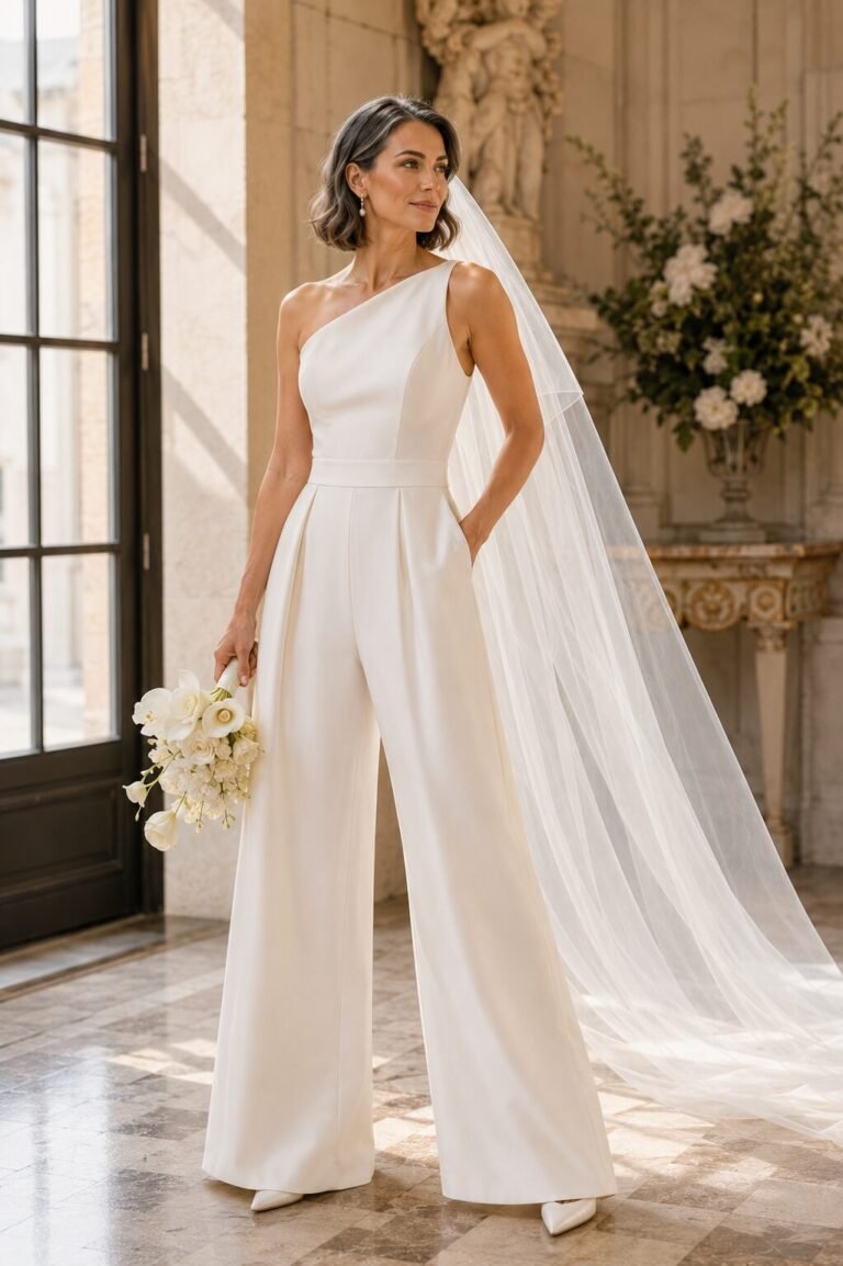 Bride wearing an ivory wide-leg bridal jumpsuit with a long sheer wedding veil