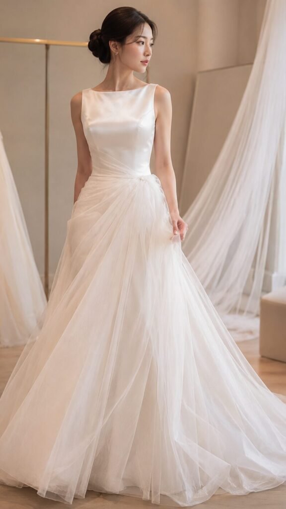 Bride wearing an ivory wedding dress with satin bodice and soft tulle skirt