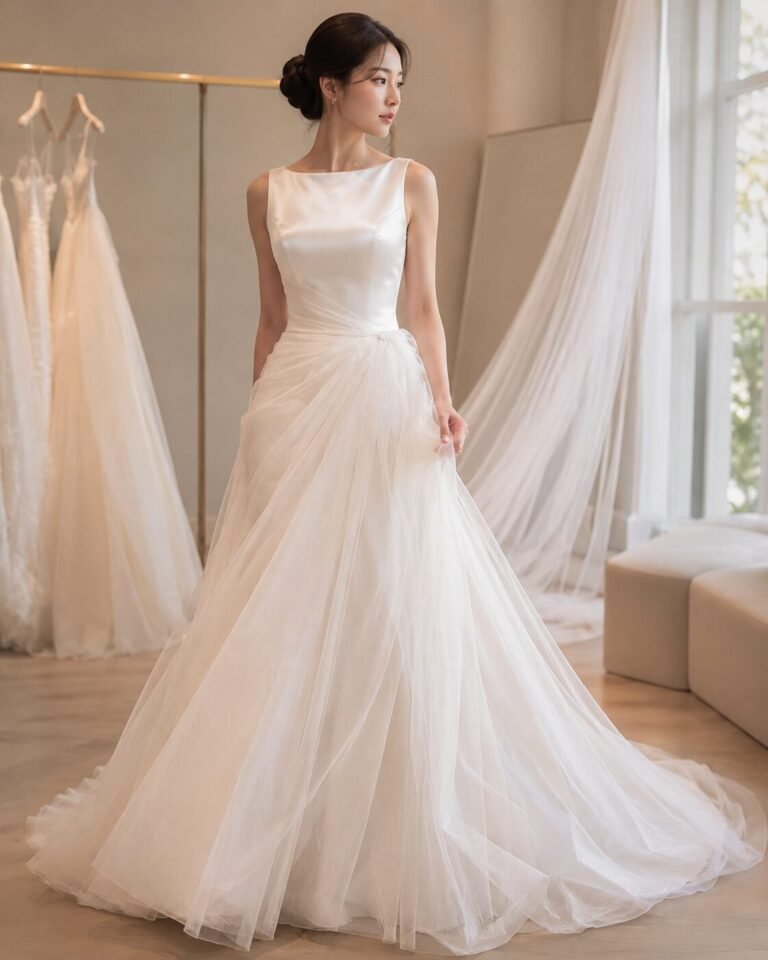Bride wearing an ivory wedding dress with satin bodice and soft tulle skirt