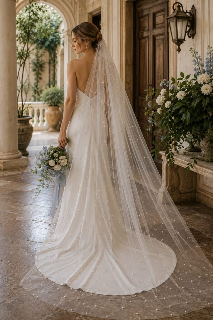 Bride wearing a long pearl wedding veil in an elegant Mediterranean courtyard