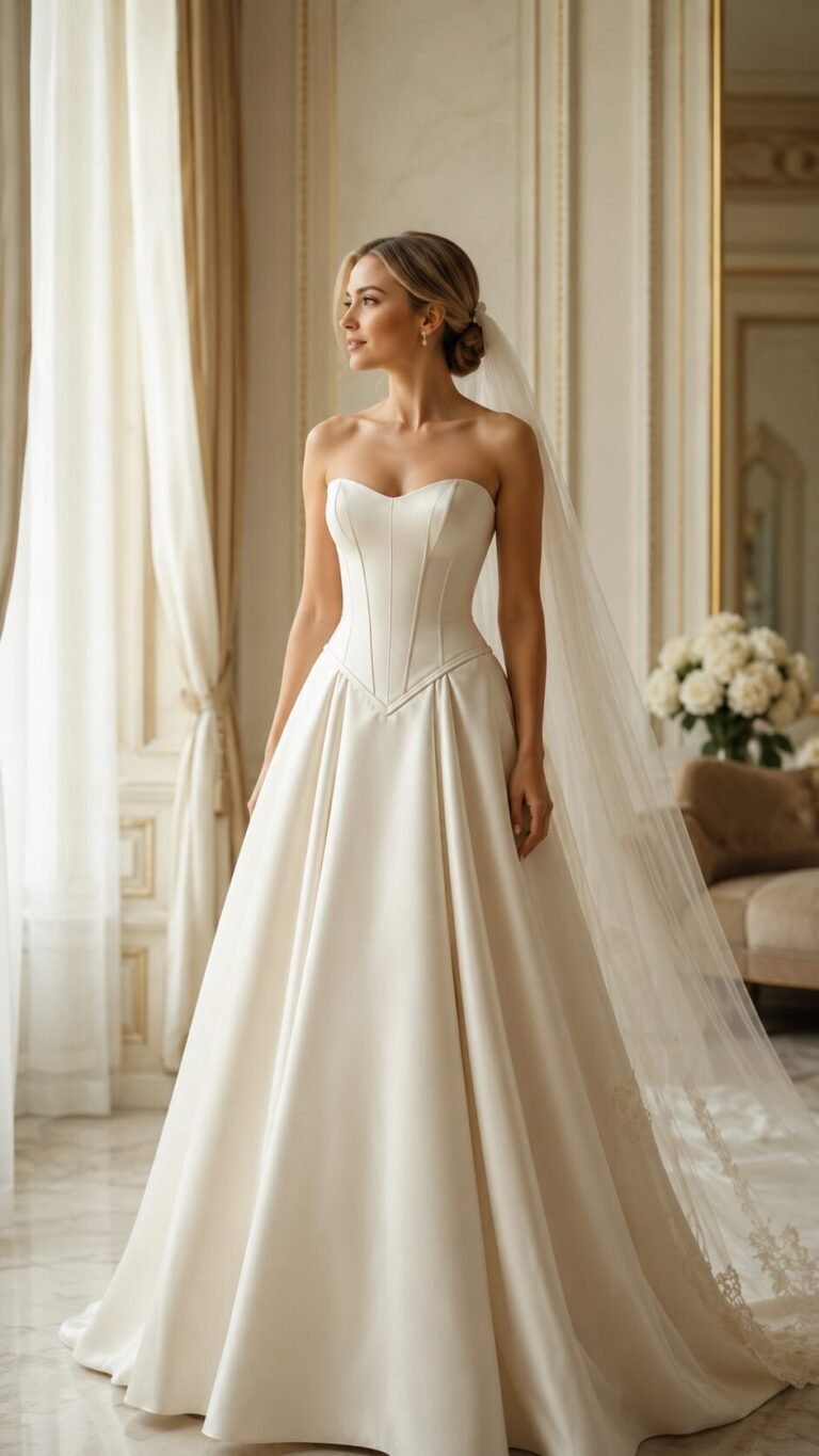 Bride wearing an ivory basque waist wedding dress with a soft veil