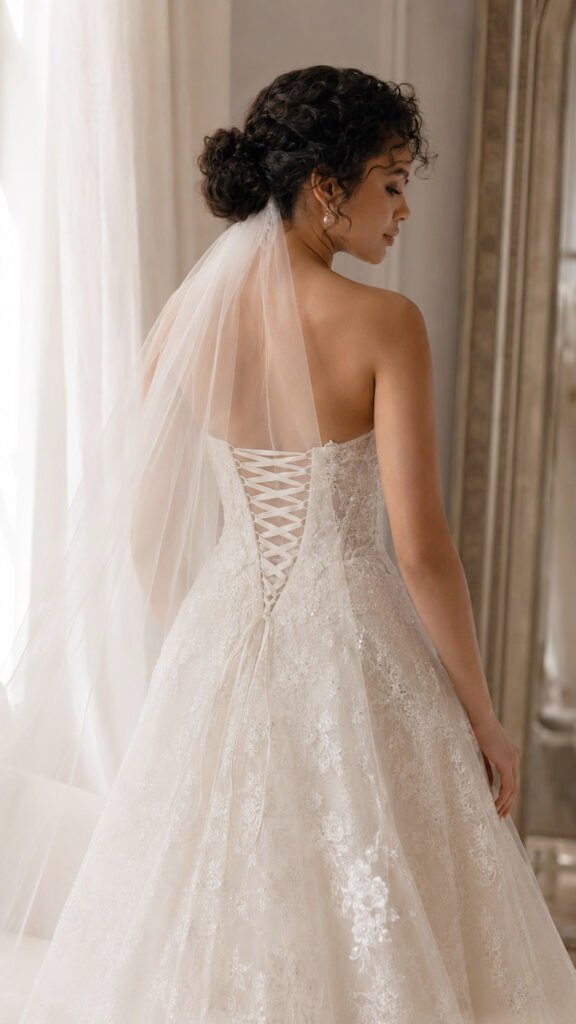 Bride wearing an ivory corset back wedding dress with lace-up closure and sheer veil