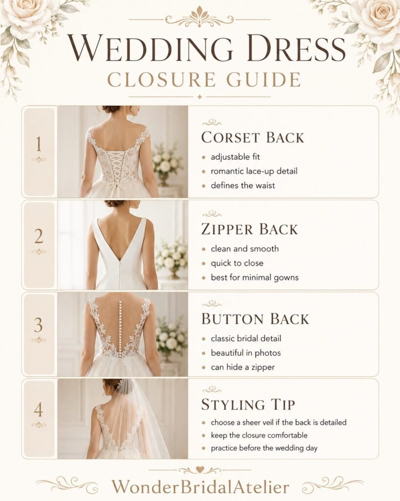 Wedding dress closure guide showing corset back zipper back and button back bridal styles
