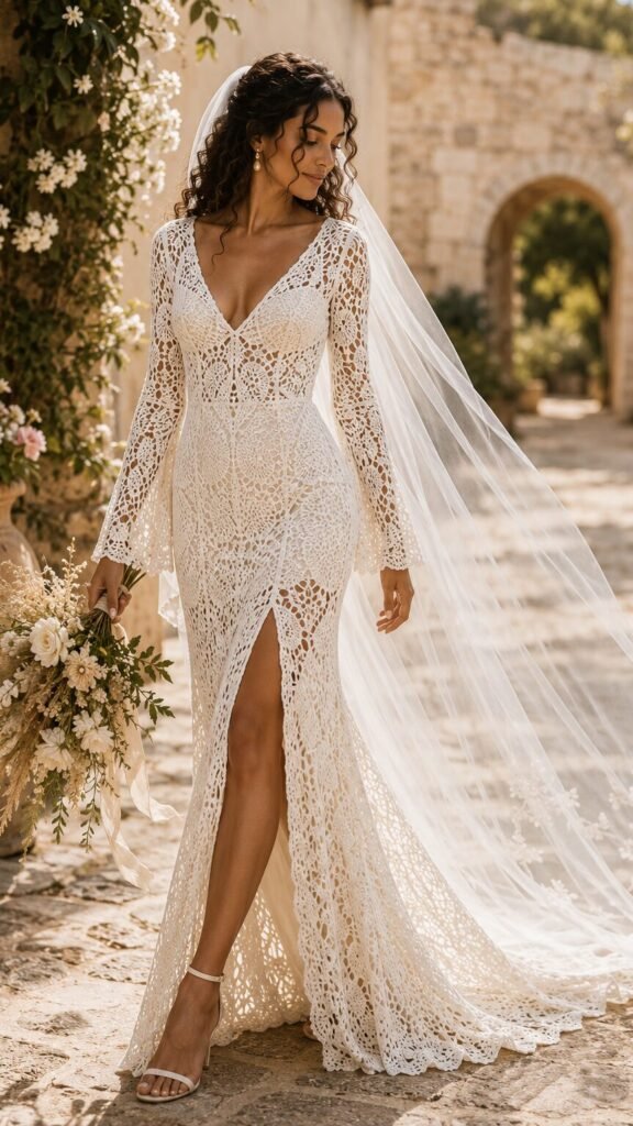 Bride wearing an ivory crochet wedding dress with openwork texture and soft veil