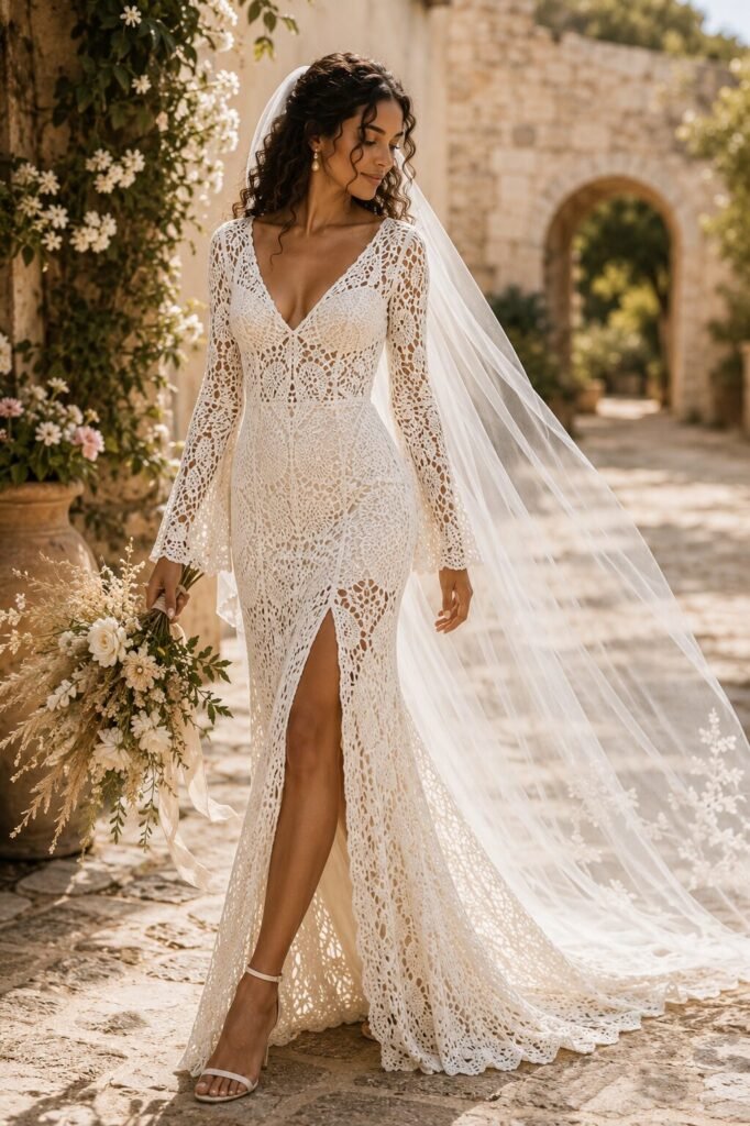 Bride wearing an ivory crochet wedding dress with openwork texture and soft veil
