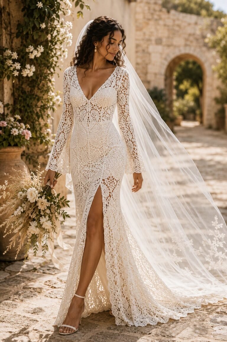 Bride wearing an ivory crochet wedding dress with openwork texture and soft veil
