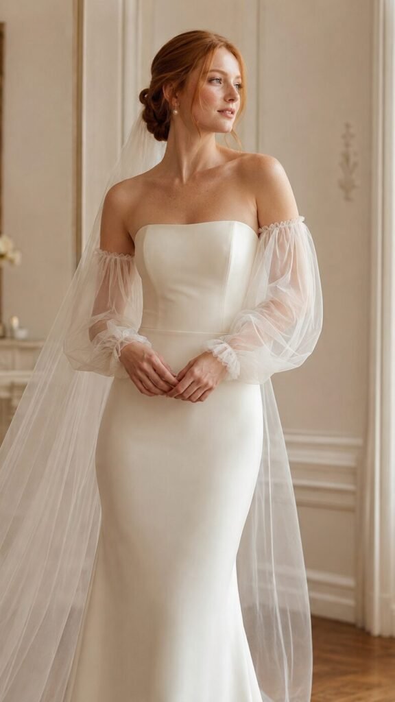 Bride wearing detachable tulle bridal sleeves with a strapless ivory wedding dress and soft veil