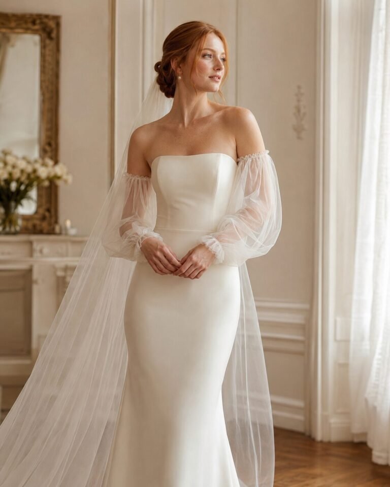 Bride wearing detachable tulle bridal sleeves with a strapless ivory wedding dress and soft veil