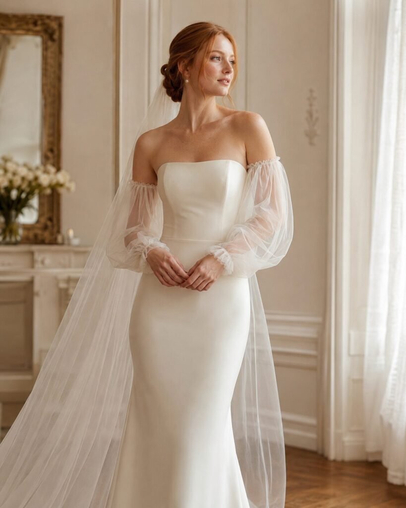 Bride wearing detachable tulle bridal sleeves with a strapless ivory wedding dress and soft veil