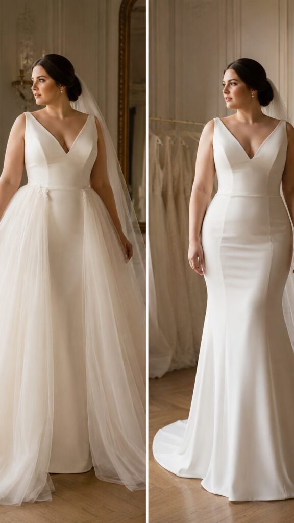 Bride wearing a detachable tulle overskirt with an ivory wedding dress