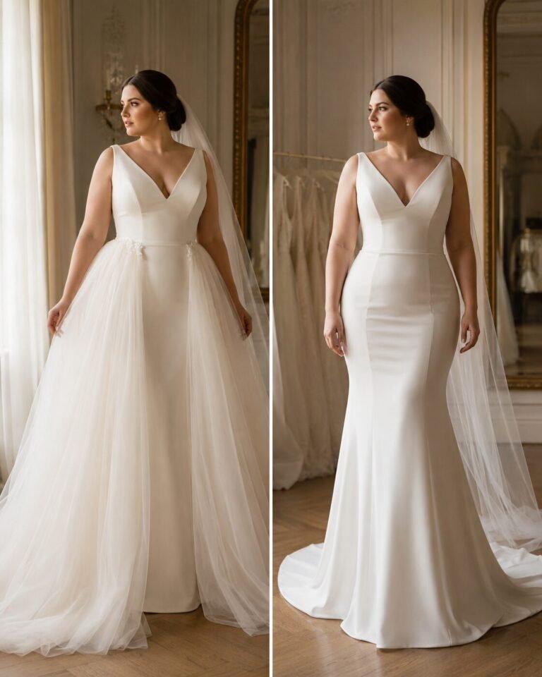 Bride wearing a detachable tulle overskirt with an ivory wedding dress