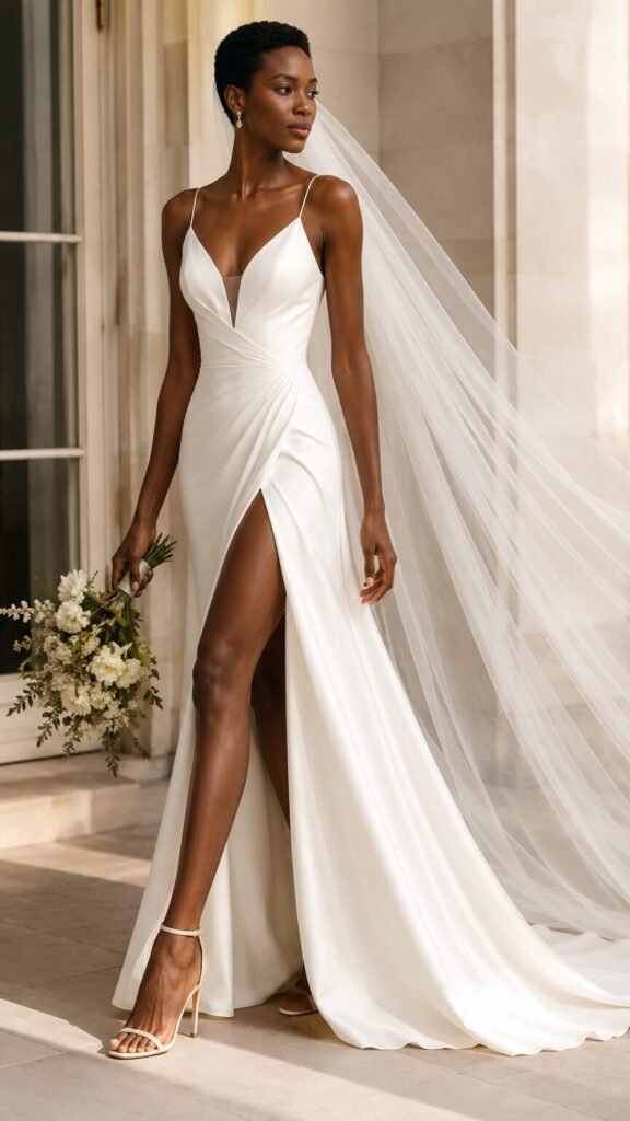 Wedding dress with slit guide showing slit height shoes veil and bridal styling tips