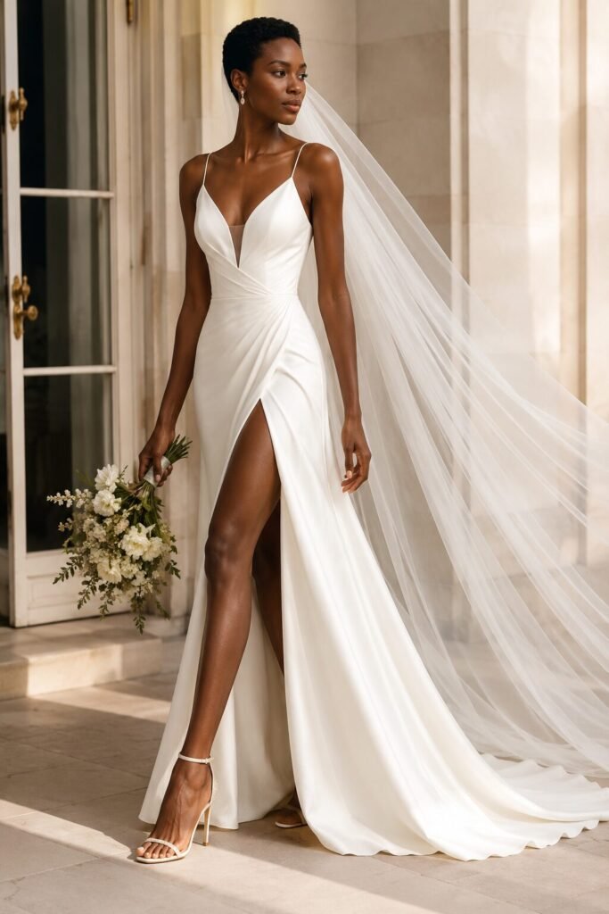 Wedding dress with slit guide showing slit height shoes veil and bridal styling tips