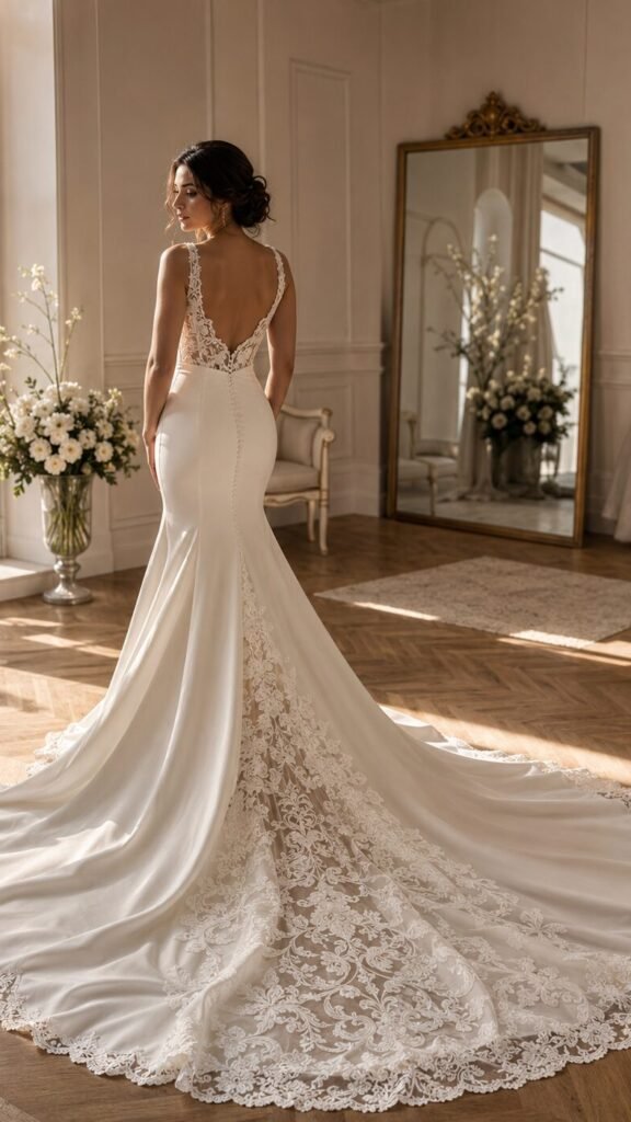 Bride wearing an ivory wedding dress with a long train before the bustle